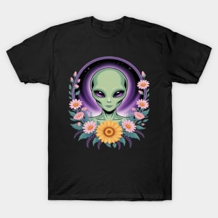 Alien Amongst Flowers Cosmic Fantasy T-Shirt